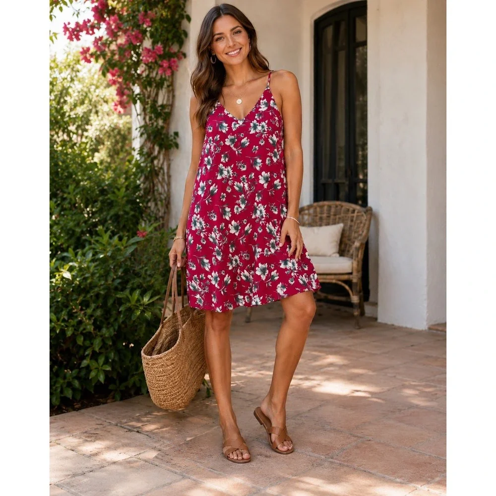 Summer Floral Mini Swing Tank Dress‎ Boho Vacation Beach Cottagecore Sz L